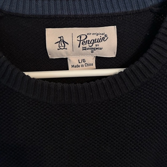 Original Penguin Men’s Blue Cotton Knit Sweater Large Logo Crewneck - Picture 3 of 3